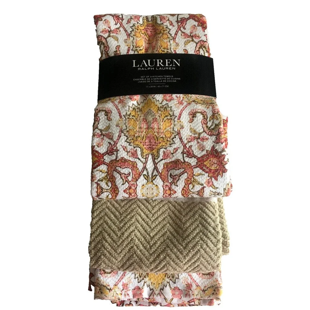 Ralph Lauren Kitchen Dish Towels Set Of 3 Geometric Floral Multicolor 17X28''
